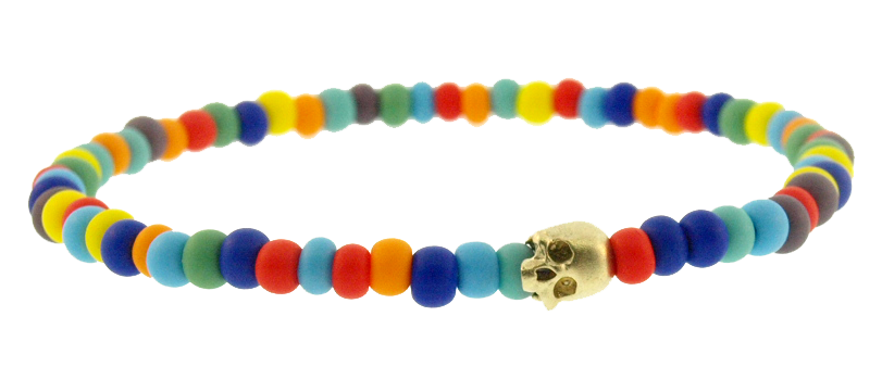 LUIS MORAIS 14k yellow gold G6 side half-skull with satin finish on a multicolor glass beaded bracelet.