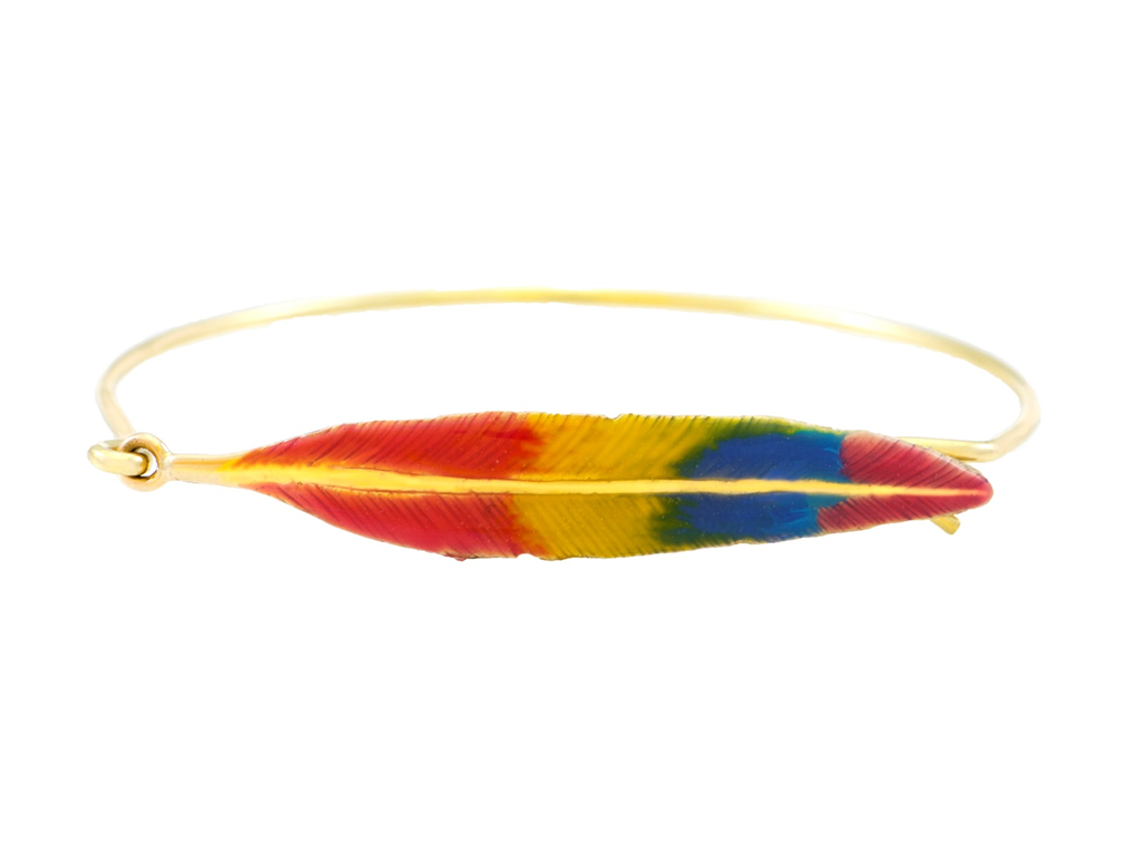 LUS MORAIS 10k yellow gold bracelet cuff featuring an multicolor enameled feather. 