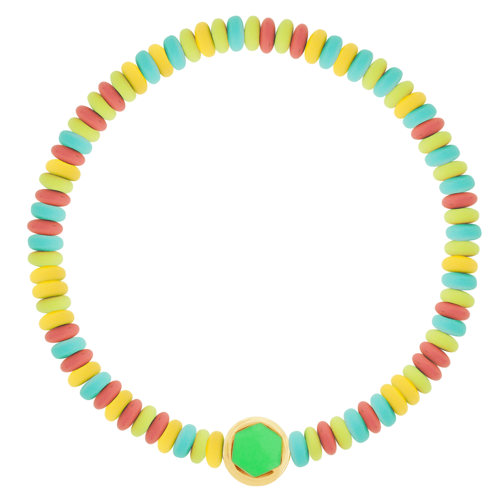 Enameled Hex Screw Disk on Multicolor Hematite Beaded Bracelet