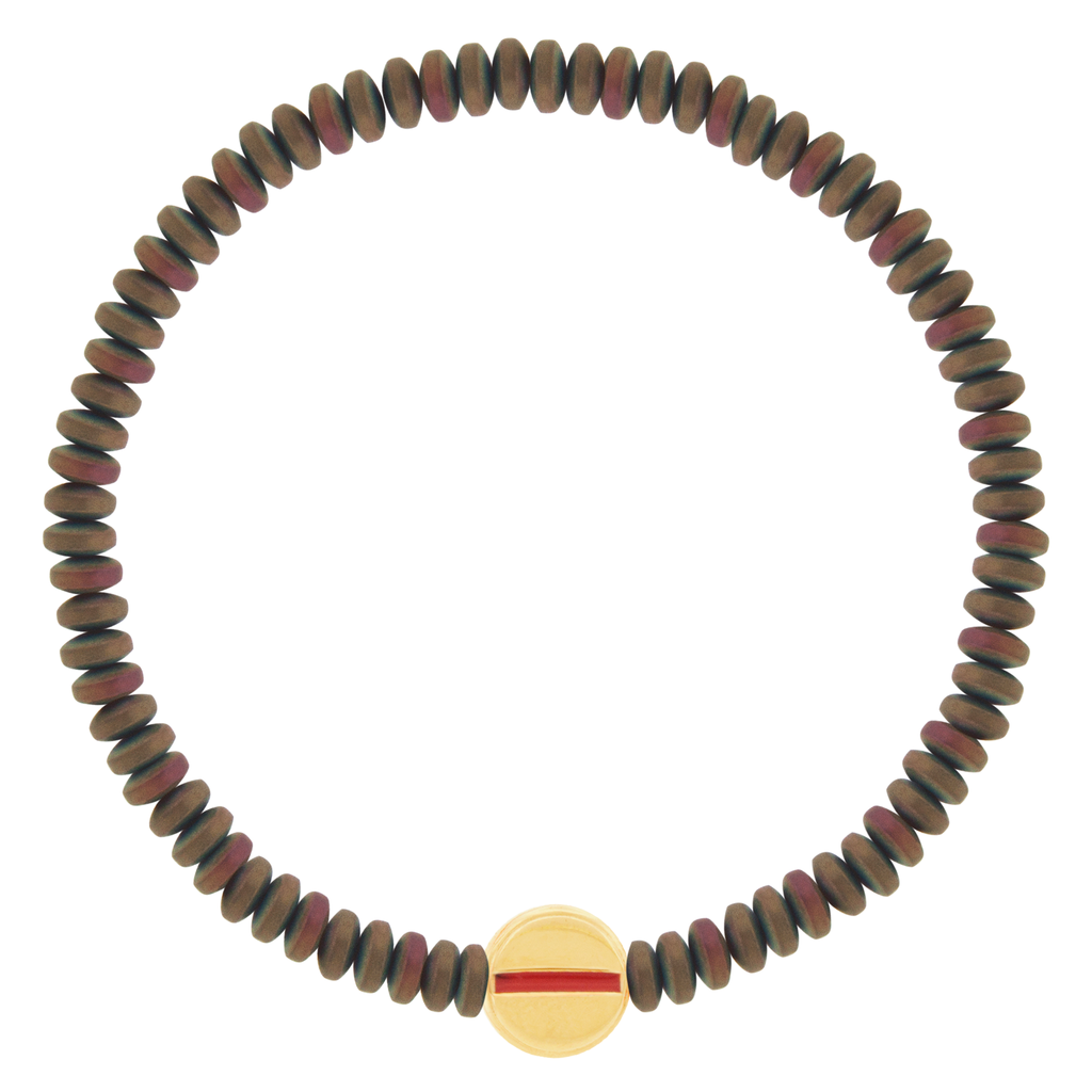 LUIS MORAIS 14k yellow gold enameled small Flathead screw disk with on a coated Hematite beaded bracelet.     *If you require a size that is not available in the options provided, please indicate your preferred size in the designated text box during checkout.