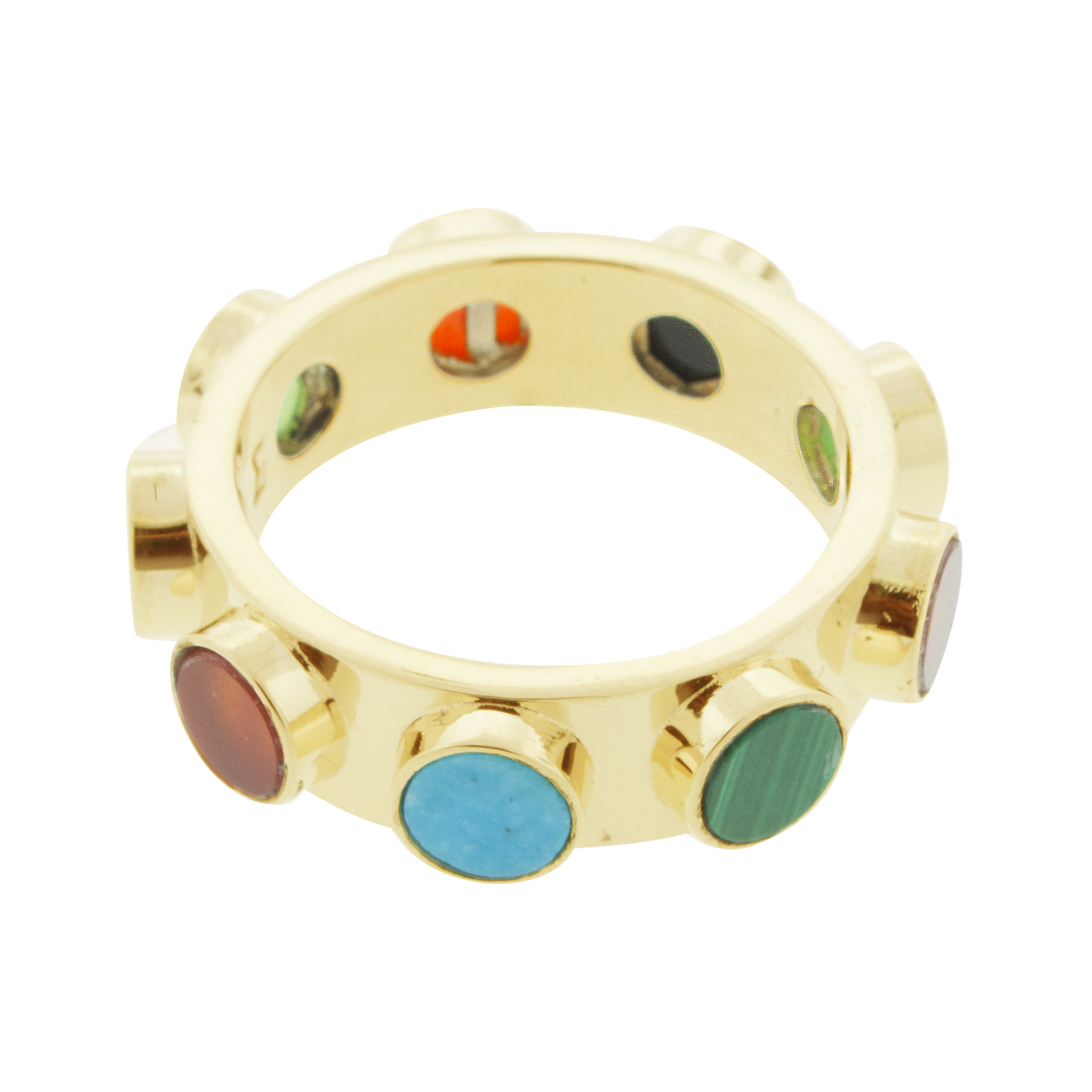 LUIS MORAIS 14k yellow gold Lego ring featuring round Turquoise, Malachite, Carnelian, Chrysoprase, and Onyx gemstones.    *If you do not see the size you need, please reach out to Customer Service.