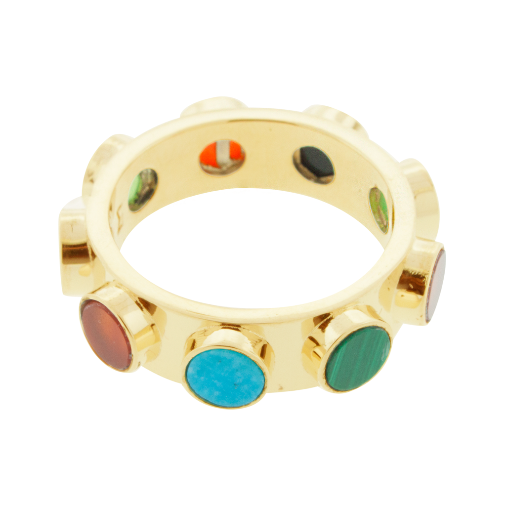 LUIS MORAIS 14k yellow gold Lego ring featuring round Turquoise, Malachite, Carnelian, Chrysoprase, and Onyx gemstones.    *If you do not see the size you need, please reach out to Customer Service.
