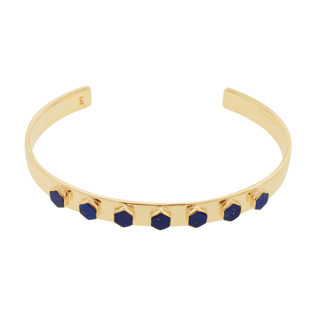 LUIS MORAIS 14K gold lego cuff with flat hexagon Lapis gemstones.  *If you require a size that is not available in the options provided, please indicate your preferred size in the designated text box during checkout.