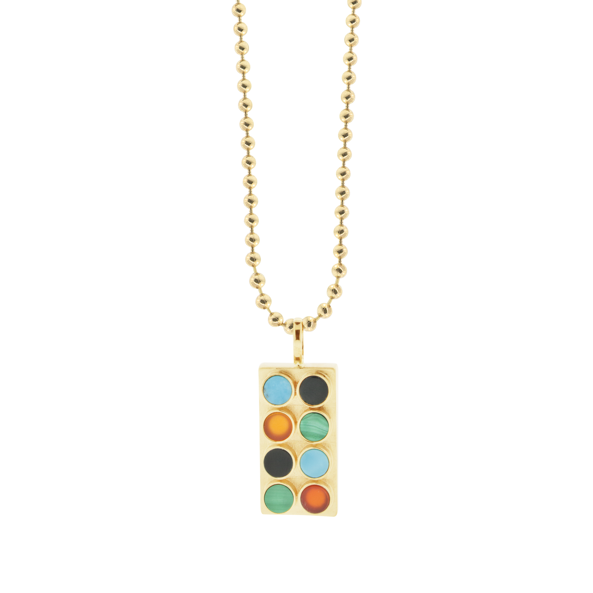 LUIS MORAIS 14K gold lego block shaped pendant with Turquoise, Onyx, Malachite, and Carnelian gemstones.  14k yellow gold 30 inch, 3mm ball chain gold necklace sold separately.