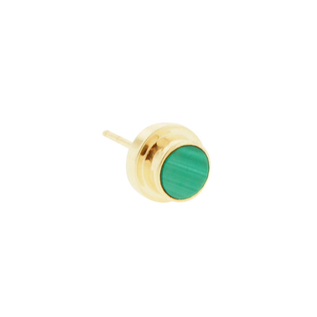 LUIS MORAIS 14K gold round lego stud earring with malachite gemstone.