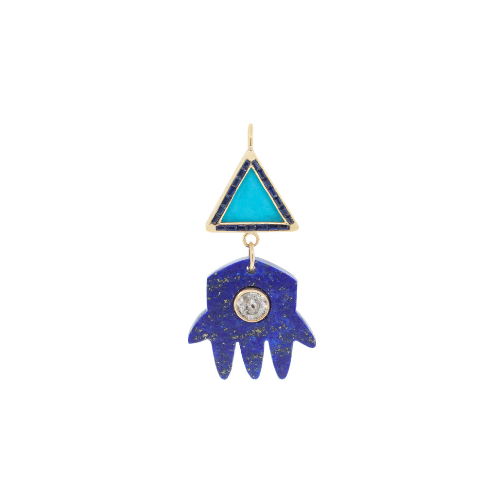 <p>LUIS MORAIS 14k yellow gold triangle earring with a Turquoise gemstone backing surrounded by blue Sapphires and a large Lapis hand. Salt and Pepper Diamond center. Sold individually.</p> <p>&nbsp;</p>
