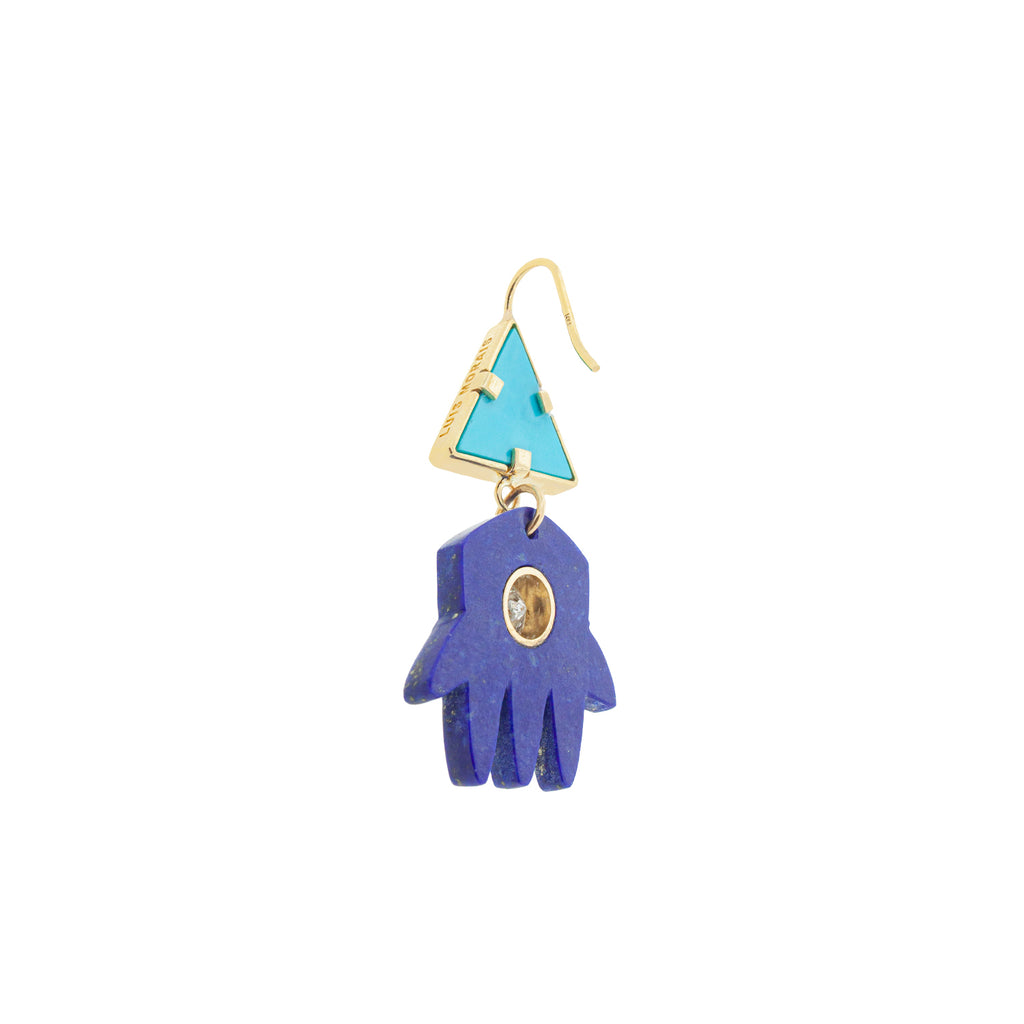 Boucle d'oreille triangulaire avec pierres précieuses et diamants et saphirs