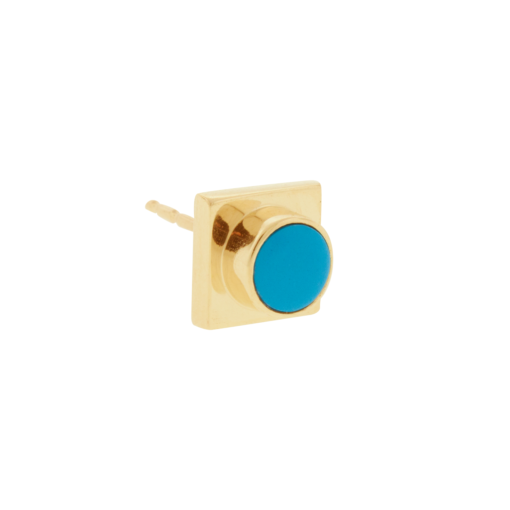 LUIS MORAIS 14K gold lego block stud earring with Turquoise gemstone.