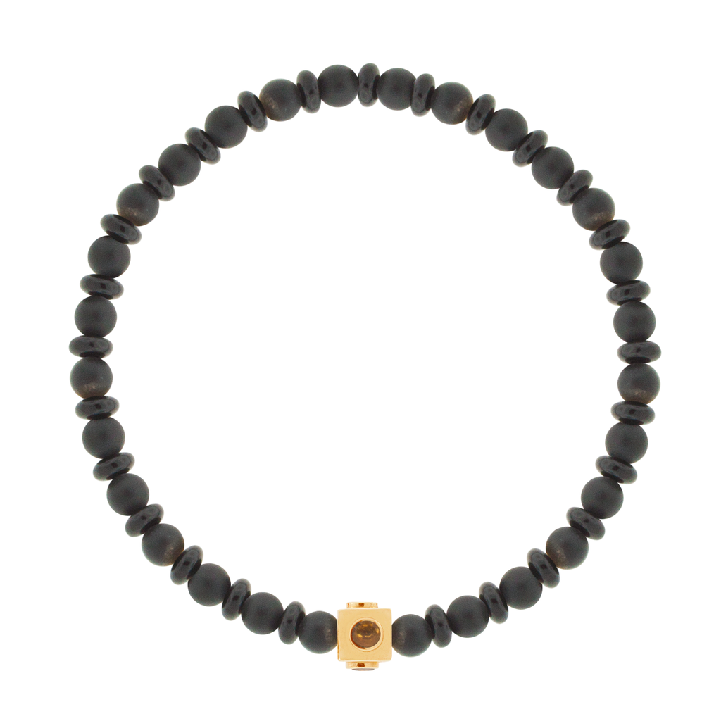 LUIS MORAIS 14k yellow gold small Lego cube (5mm) inlaid with four Citrine sides on an Onyx beaded bracelet.