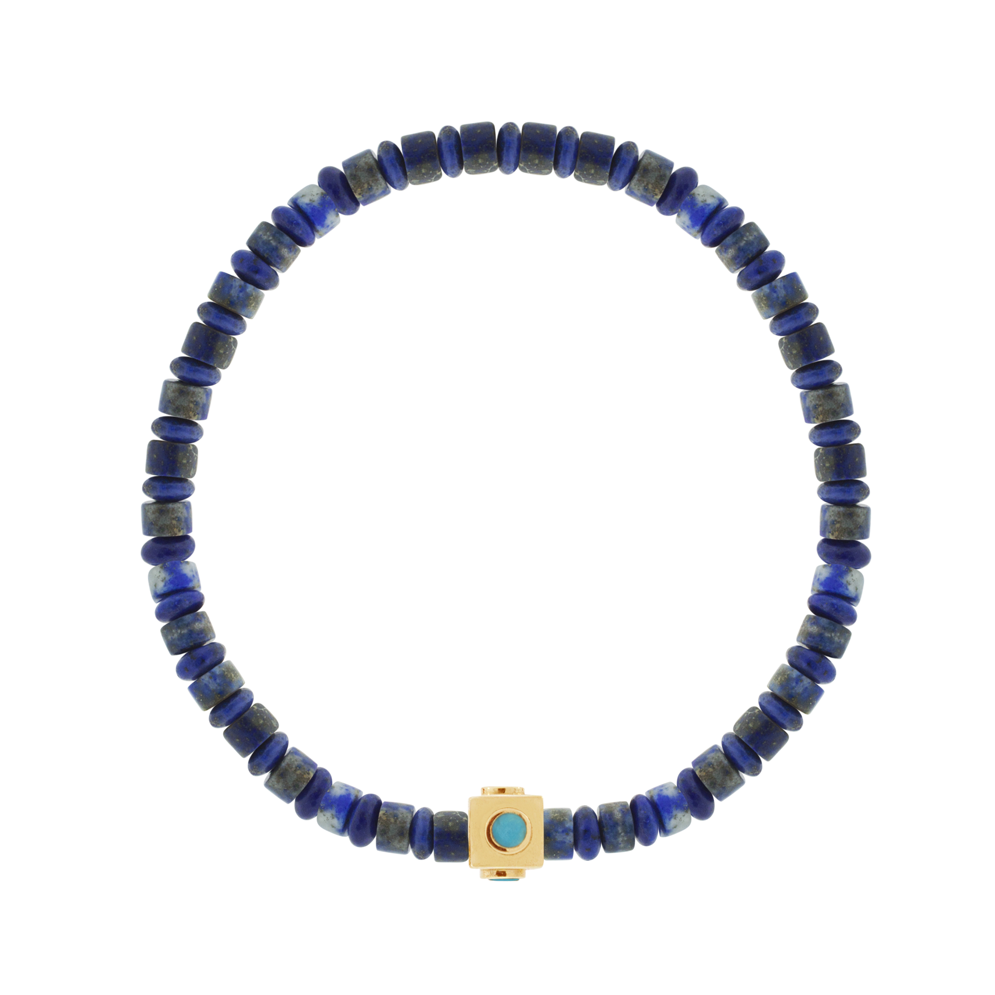 LUIS MORAIS 14k yellow gold small Lego cube (5mm) inlaid with four Turquoise gemstone sides on a Lapis beaded bracelet.  *If you require a size that is not available in the options provided, please indicate your preferred size in the designated text box during checkout.