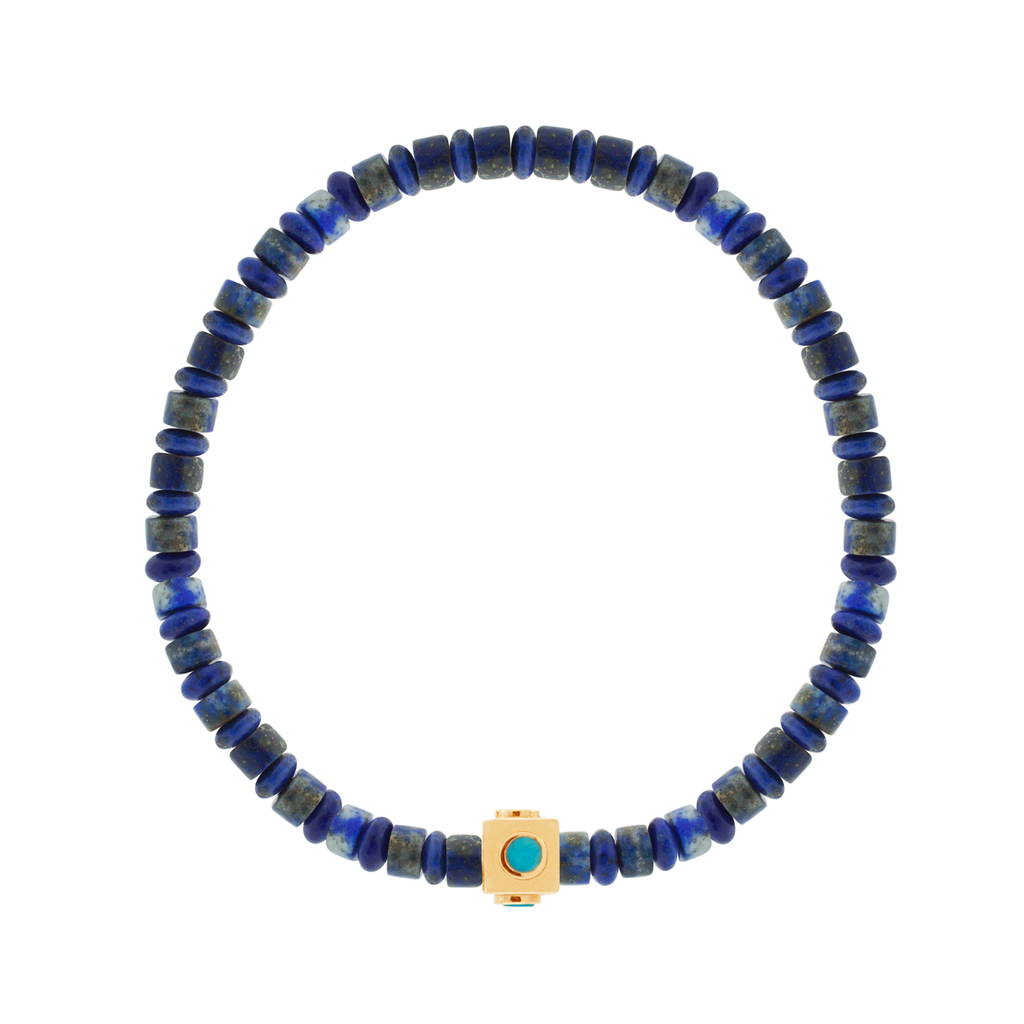 LUIS MORAIS 14k yellow gold small Lego cube (5mm) inlaid with four Turquoise gemstone sides on a Lapis beaded bracelet.  *If you require a size that is not available in the options provided, please indicate your preferred size in the designated text box during checkout.