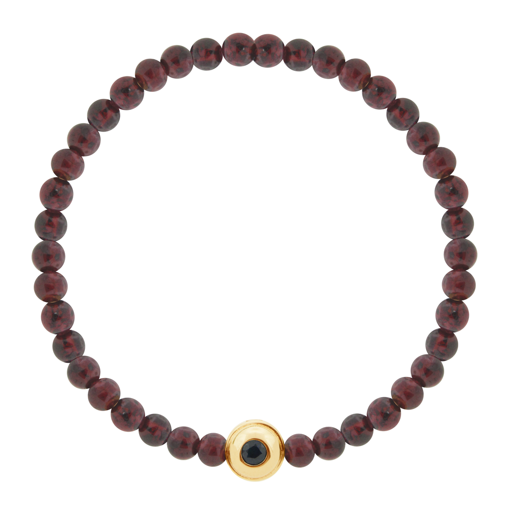 LUIS MORAIS 14k yellow gold collar with Labradorite cabochon one side and a black diamond on the reverse, on a Garnet beaded bracelet.  *If you require a size that is not available in the options provided, please indicate your preferred size in the designated text box during checkout.