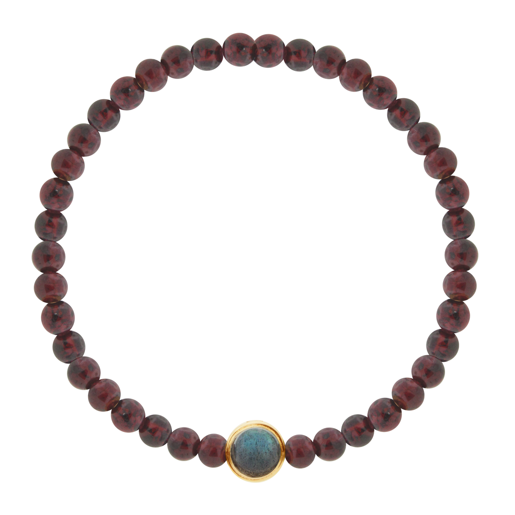 LUIS MORAIS 14k yellow gold collar with Labradorite cabochon one side and a black diamond on the reverse, on a Garnet beaded bracelet.  *If you require a size that is not available in the options provided, please indicate your preferred size in the designated text box during checkout.
