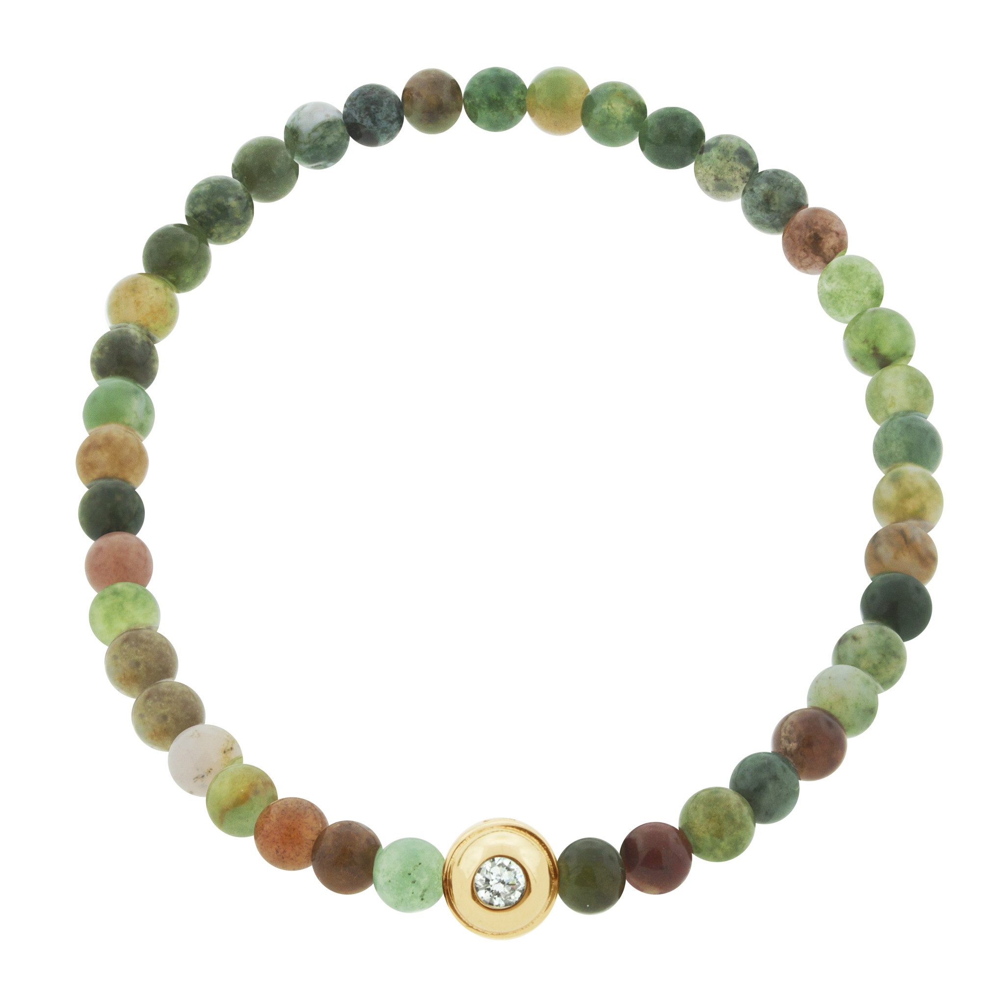 LUIS MORAIS 14k yellow gold collar with Turquoise cabochon one side and a white diamond on the reverse, on an Indian Agate  beaded bracelet.  *If you require a size that is not available in the options provided, please indicate your preferred size in the designated text box during checkout.