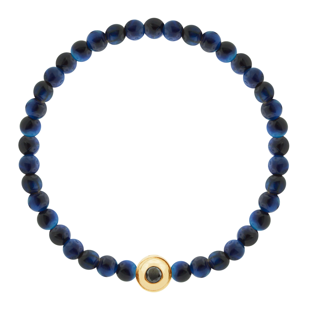 LUIS MORAIS 14k yellow gold collar with lapis cabochon one side and a black diamond on the reverse, on a Lapis beaded bracelet.  *If you require a size that is not available in the options provided, please indicate your preferred size in the designated text box during checkout.