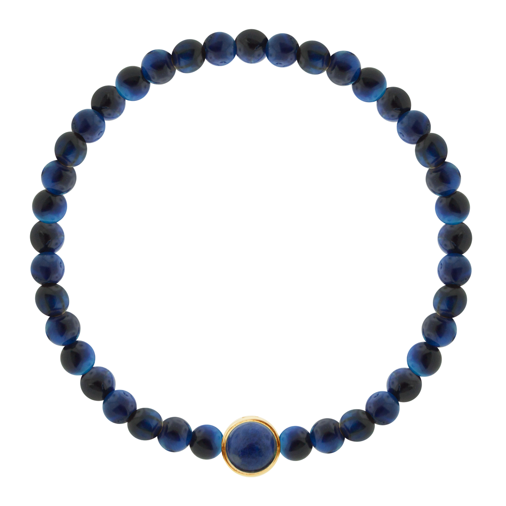 LUIS MORAIS 14k yellow gold collar with lapis cabochon one side and a black diamond on the reverse, on a Lapis beaded bracelet.  *If you require a size that is not available in the options provided, please indicate your preferred size in the designated text box during checkout.