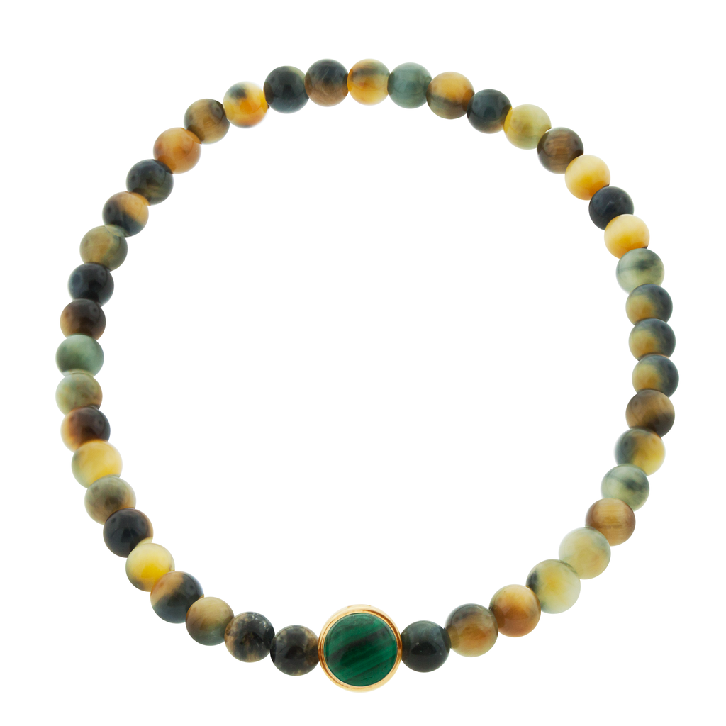 LUIS MORAIS 14k yellow gold collar with Malachite cabochon one side and a white diamond on the reverse, on an Indian Agate beaded bracelet.  *If you require a size that is not available in the options provided, please indicate your preferred size in the designated text box during checkout.