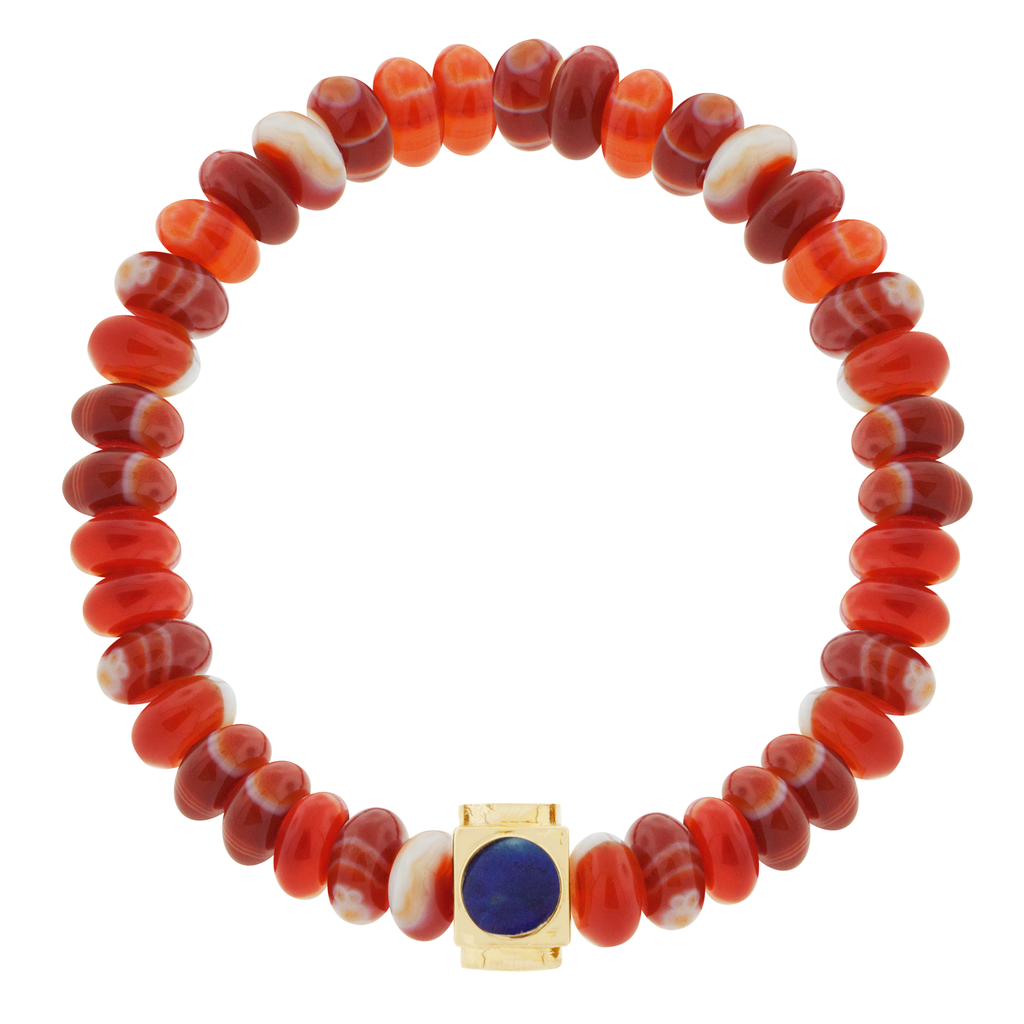 LUIS MORAIS 14k yellow gold Lego cube (8mm) inlaid with four Lapis gemstone sides on a Carnelian beaded bracelet.  *If you require a size that is not available in the options provided, please indicate your preferred size in the designated text box during checkout.