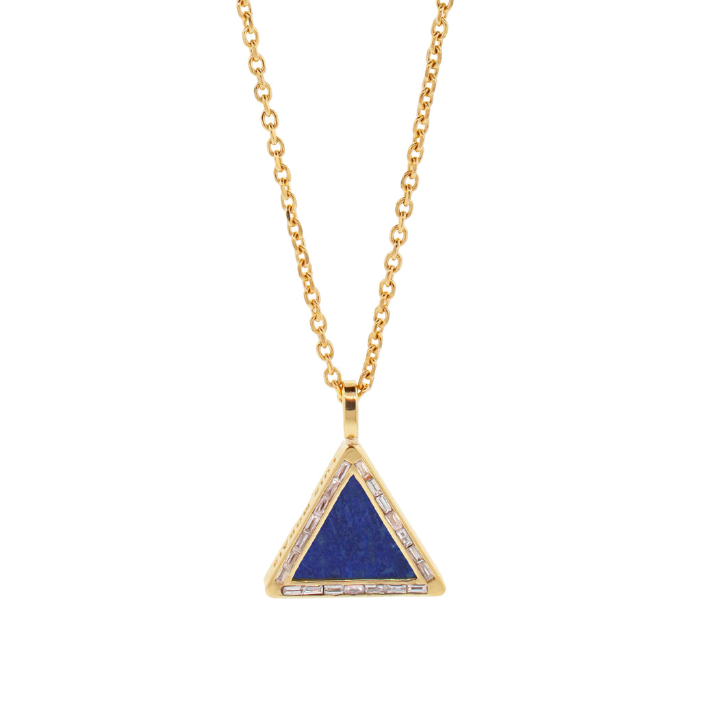 LUIS MORAIS 14K yellow gold triangle pendant with white diamond baguettes and a Lapis gemstone backing.