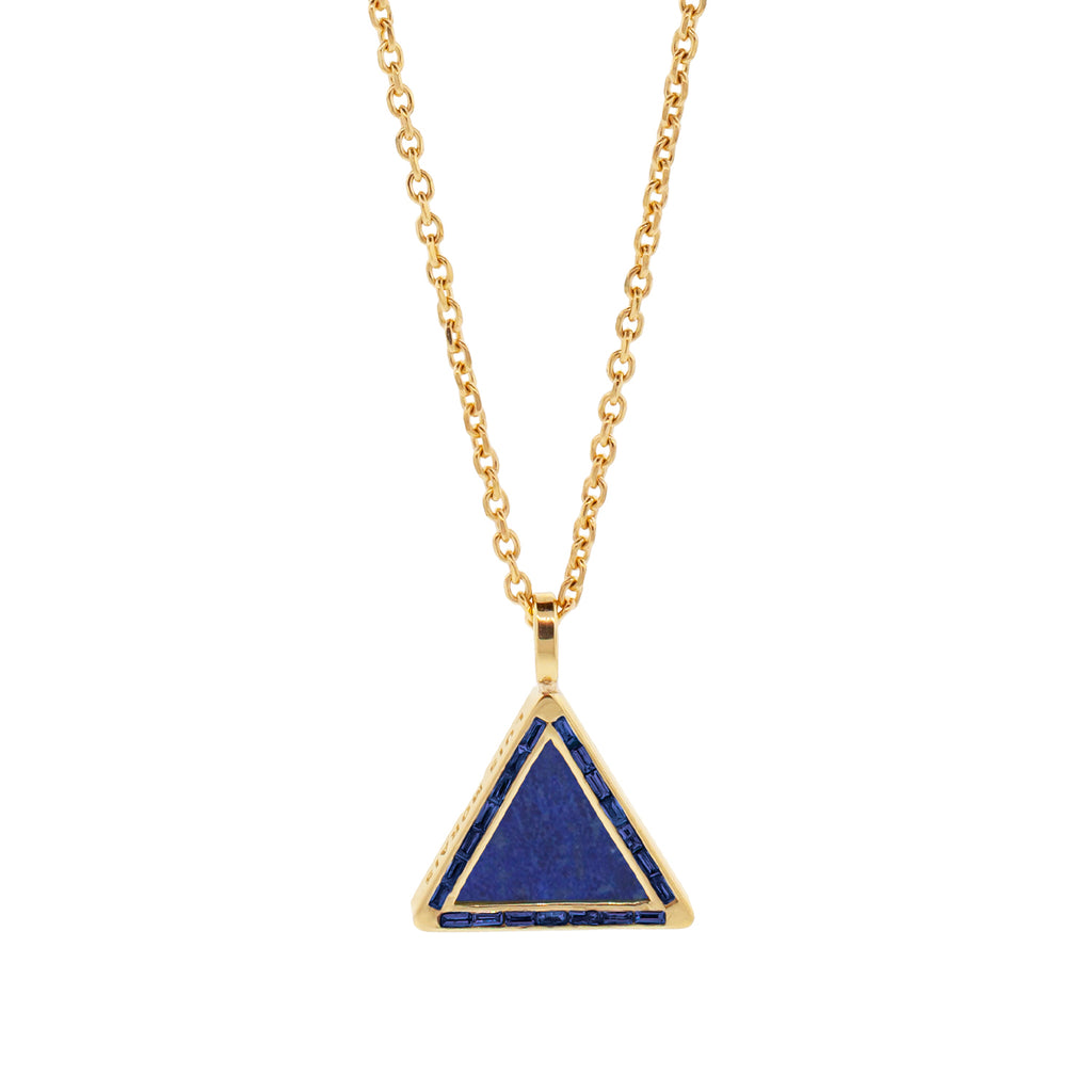  LUIS MORAIS 14K yellow gold triangle pendant with blue sapphire baguettes and a Lapis gemstone backing.
