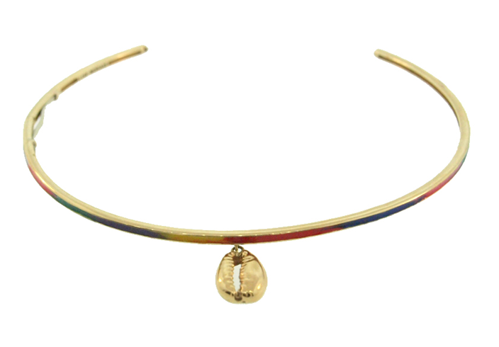 LUS MORAIS 10k yellow gold choker with shell pendant and multicolor enamel. 