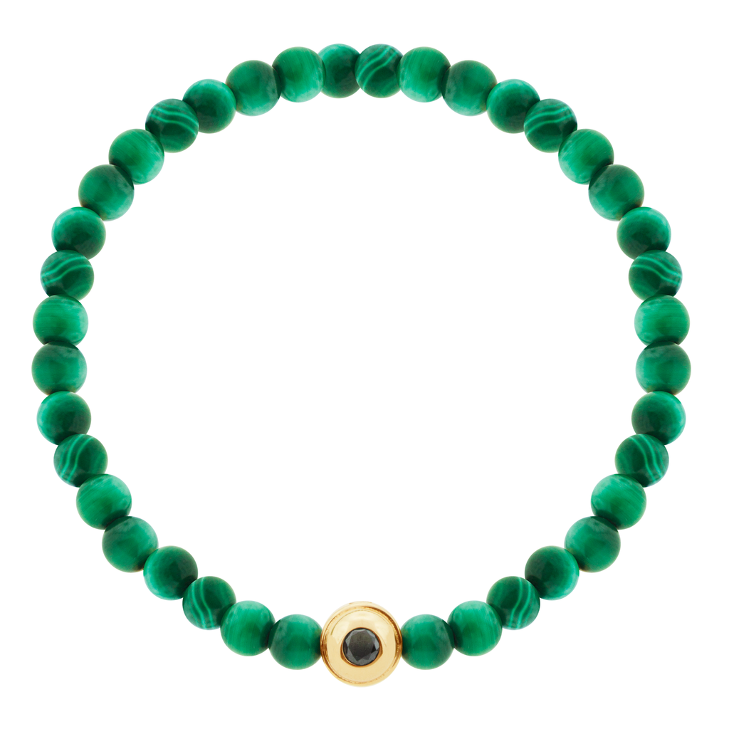 LUIS MORAIS 14k yellow gold collar with Chrysoprase cabochon one side and a black diamond on the reverse, on a Malachite beaded bracelet.  *If you require a size that is not available in the options provided, please indicate your preferred size in the designated text box during checkout.