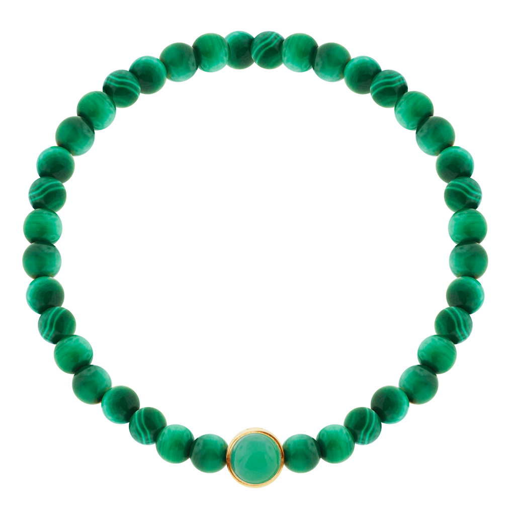 LUIS MORAIS 14k yellow gold collar with Chrysoprase cabochon one side and a black diamond on the reverse, on a Malachite beaded bracelet.  *If you require a size that is not available in the options provided, please indicate your preferred size in the designated text box during checkout.