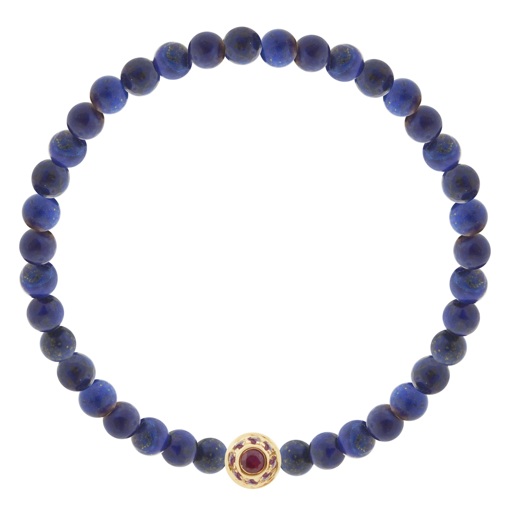 LUIS MORAIS 14k yellow gold collar with Lapis cabochon one side and 9 ruby gemstone bezels on the reverse, on a Lapis beaded bracelet.