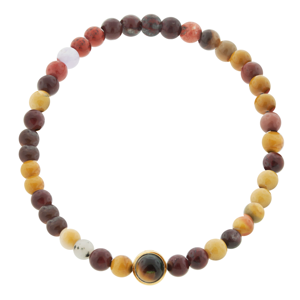 LUIS MORAIS 14k yellow gold collar with Tiger's Eye cabochon one side and a ruby on the reverse, on a Eye Yolk Jasper beaded bracelet.  *If you require a size that is not available in the options provided, please indicate your preferred size in the designated text box during checkout.