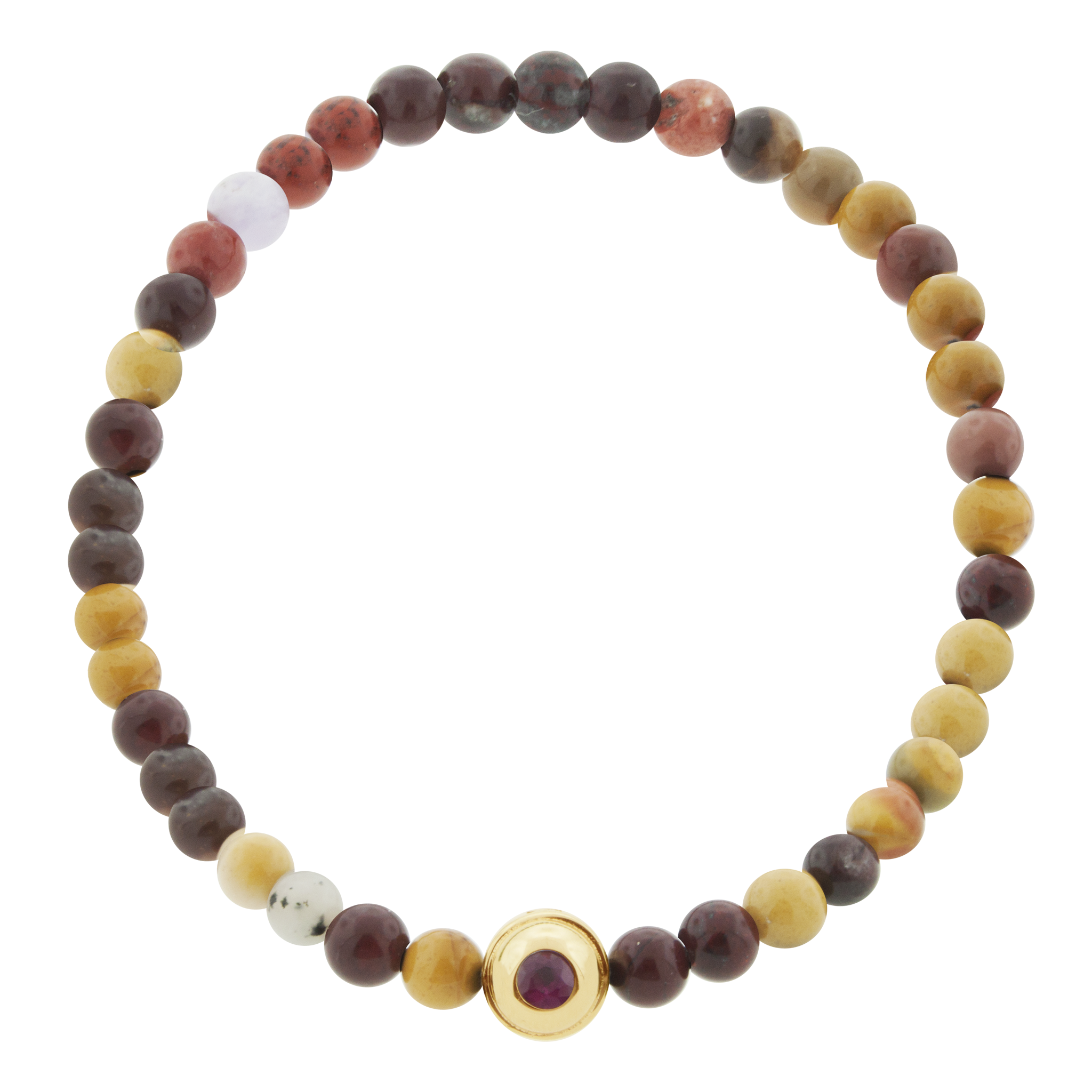 LUIS MORAIS 14k yellow gold collar with Tiger's Eye cabochon one side and a ruby on the reverse, on a Eye Yolk Jasper beaded bracelet.  *If you require a size that is not available in the options provided, please indicate your preferred size in the designated text box during checkout.