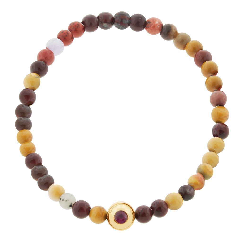 LUIS MORAIS 14k yellow gold collar with Tiger's Eye cabochon one side and a ruby on the reverse, on a Eye Yolk Jasper beaded bracelet.  *If you require a size that is not available in the options provided, please indicate your preferred size in the designated text box during checkout.