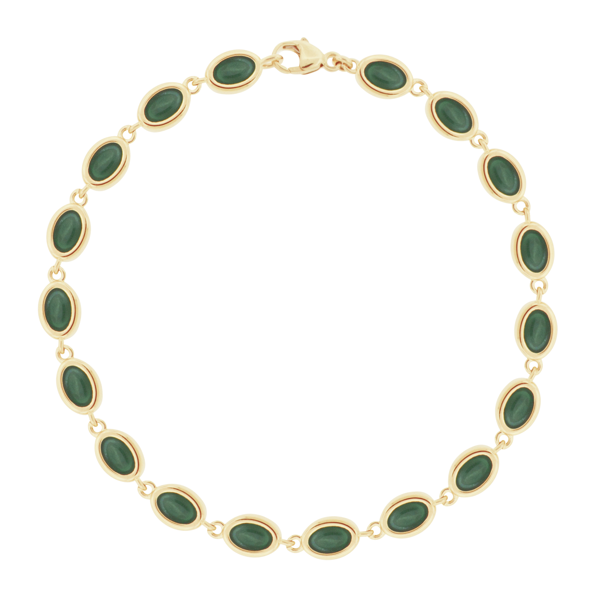 LUIS MORAIS 14K gold oval link bracelet with Malachite cabochon gemstones. Lobster clasp closure.  Length: 18 inches