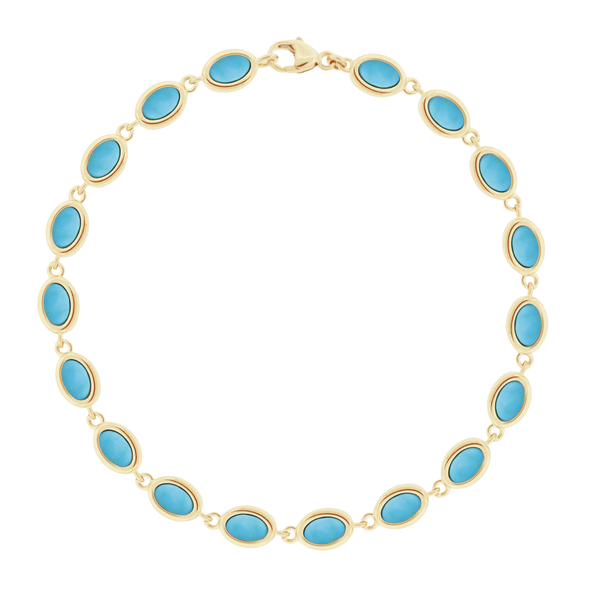 LUIS MORAIS 14K gold oval link bracelet with Turquoise cabochon gemstones. Lobster clasp closure.