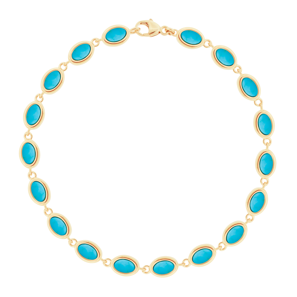 LUIS MORAIS 14K gold oval link bracelet with Turquoise cabochon gemstones. Lobster clasp closure.