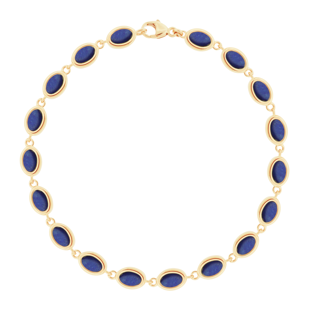 LUIS MORAIS 14K gold oval link bracelet with flat Lapis gemstones. Lobster clasp closure.  *If you require a size that is not available in the options provided, please indicate your preferred size in the designated text box during checkout.