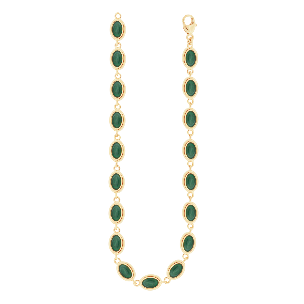 LUIS MORAIS 14K gold oval link bracelet with Malachite cabochon gemstones. Lobster clasp closure.  Length: 18 inches