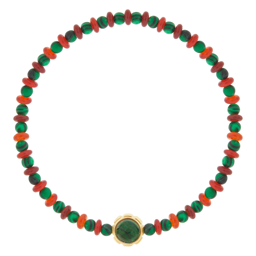 LUIS MORAIS 14k yellow gold rotary collar with a Malachite and Tiger's Eye cabochon, on a Carnelian and Malachite beaded bracelet.   *If you require a size that is not available in the options provided, please indicate your preferred size in the designated text box during checkout.