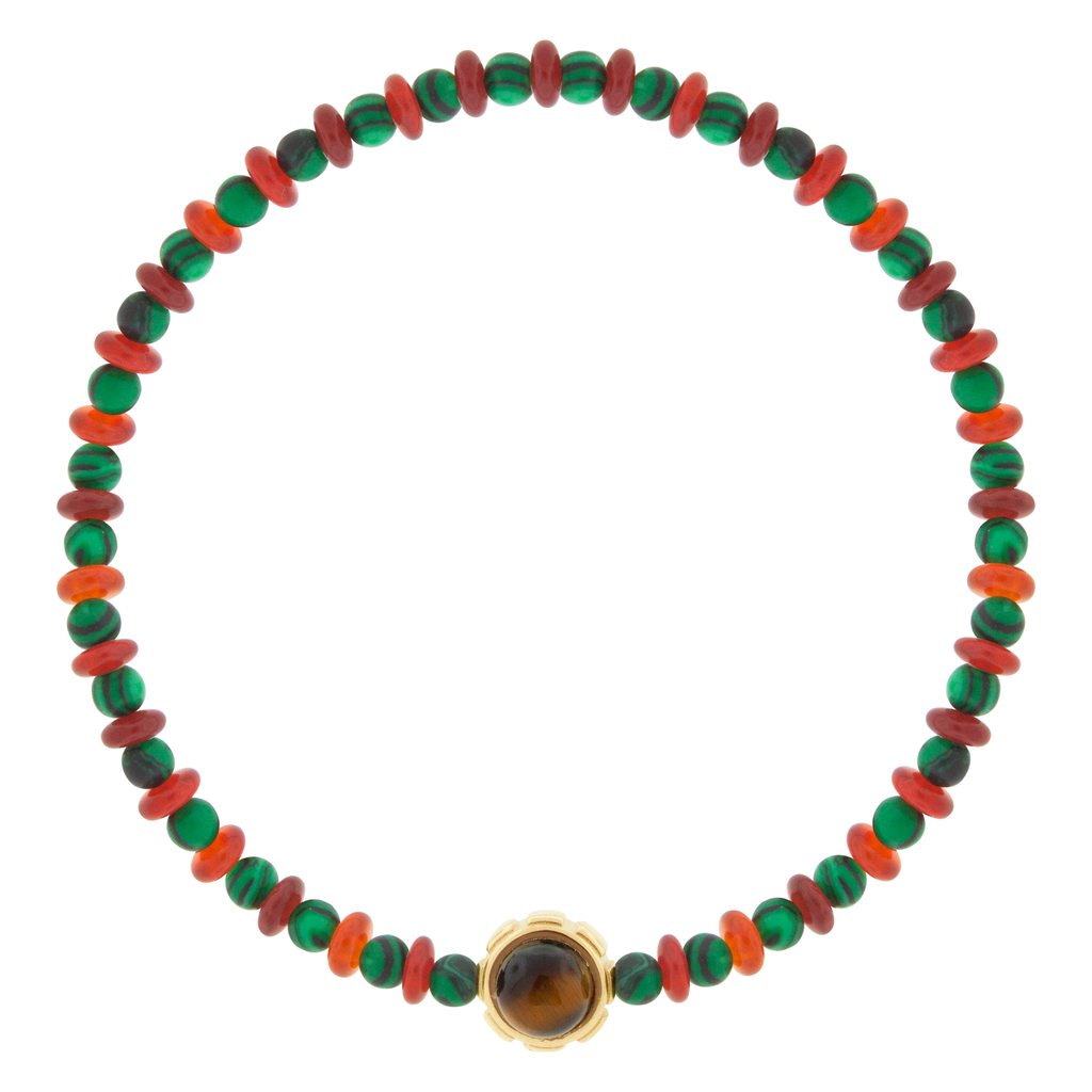 LUIS MORAIS 14k yellow gold rotary collar with a Malachite and Tiger's Eye cabochon, on a Carnelian and Malachite beaded bracelet.   *If you require a size that is not available in the options provided, please indicate your preferred size in the designated text box during checkout.