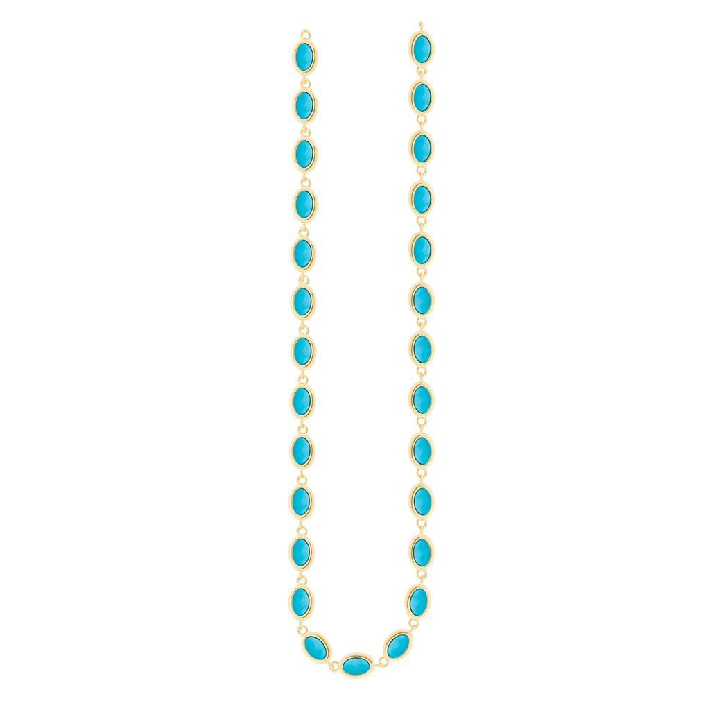 LUIS MORAIS 14K gold oval link necklace with Turquoise cabochon gemstones. Lobster clasp closure.  Length: 18 inches