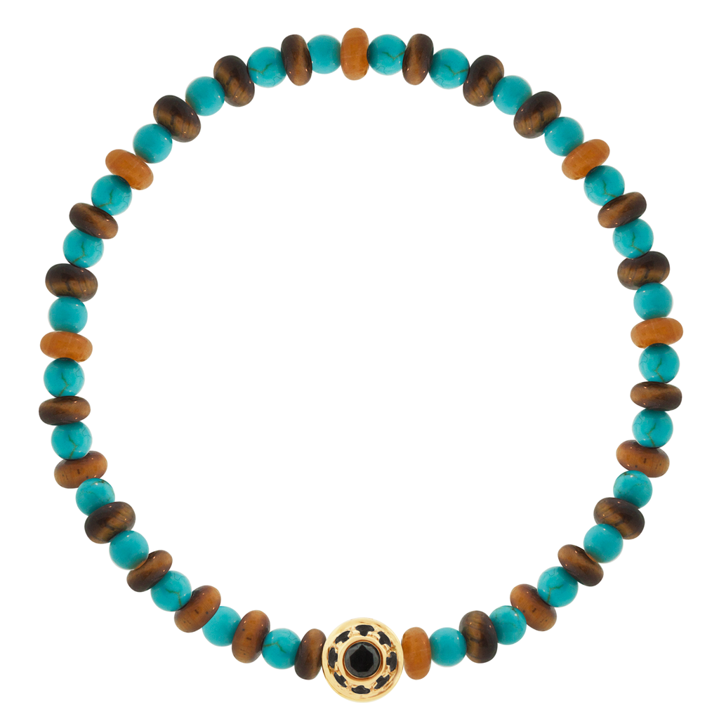 LUIS MORAIS 14k yellow gold collar with Labradorite cabochon one side and 9black diamonds on the reverse, on a Turquoise and Tiger's Eye beaded bracelet.  *If you require a size that is not available in the options provided, please indicate your preferred size in the designated text box during checkout.
