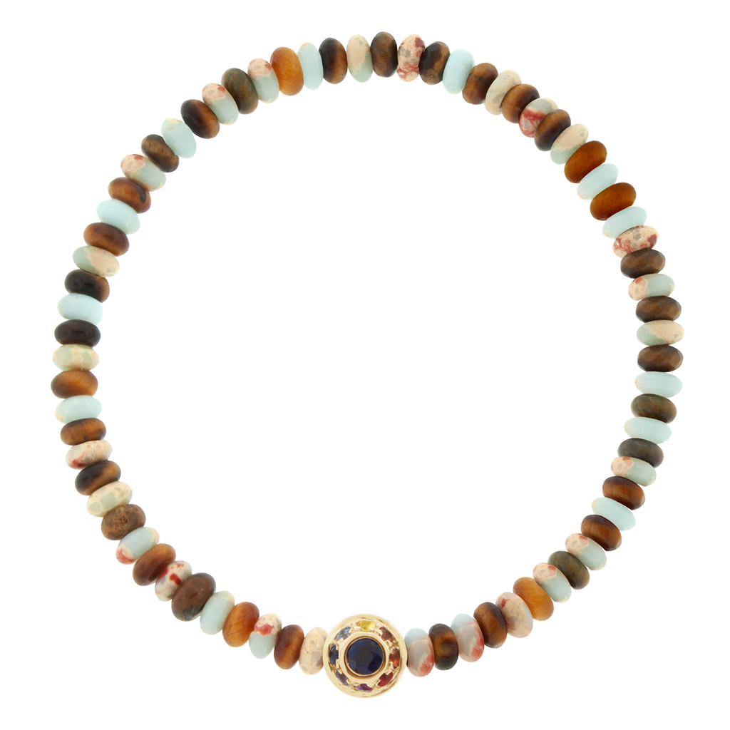 LUIS MORAIS 14k yellow gold collar with Tiger's Eye cabochon one side and 9 rainbow sapphires on the reverse, on a Snakeskin Jasper  and Tiger's Eye beaded bracelet.  *If you require a size that is not available in the options provided, please indicate your preferred size in the designated text box during checkout.