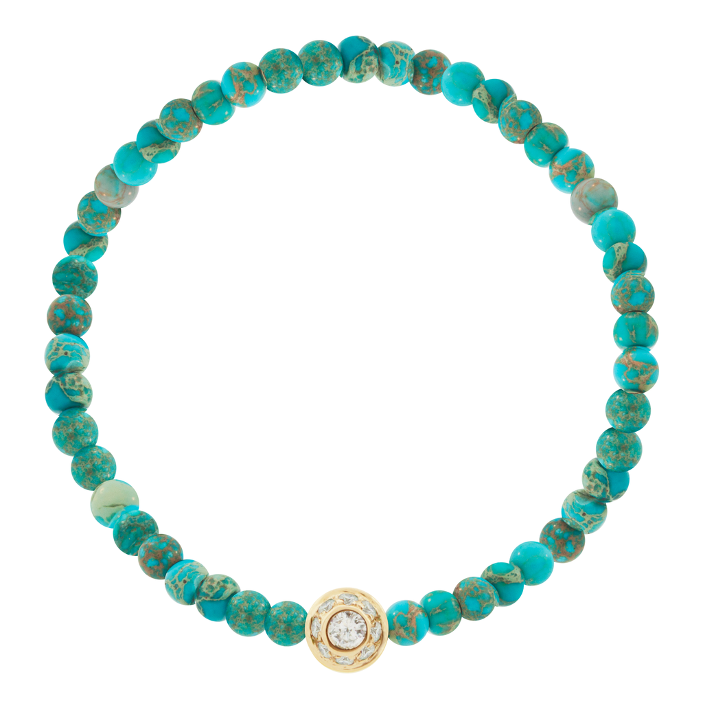LUIS MORAIS 14k yellow gold collar with Turquoise cabochon one side and 9white diamond bezels on the reverse, on a Sea Sediment Jasper beaded bracelet.  *If you require a size that is not available in the options provided, please indicate your preferred size in the designated text box during checkout.