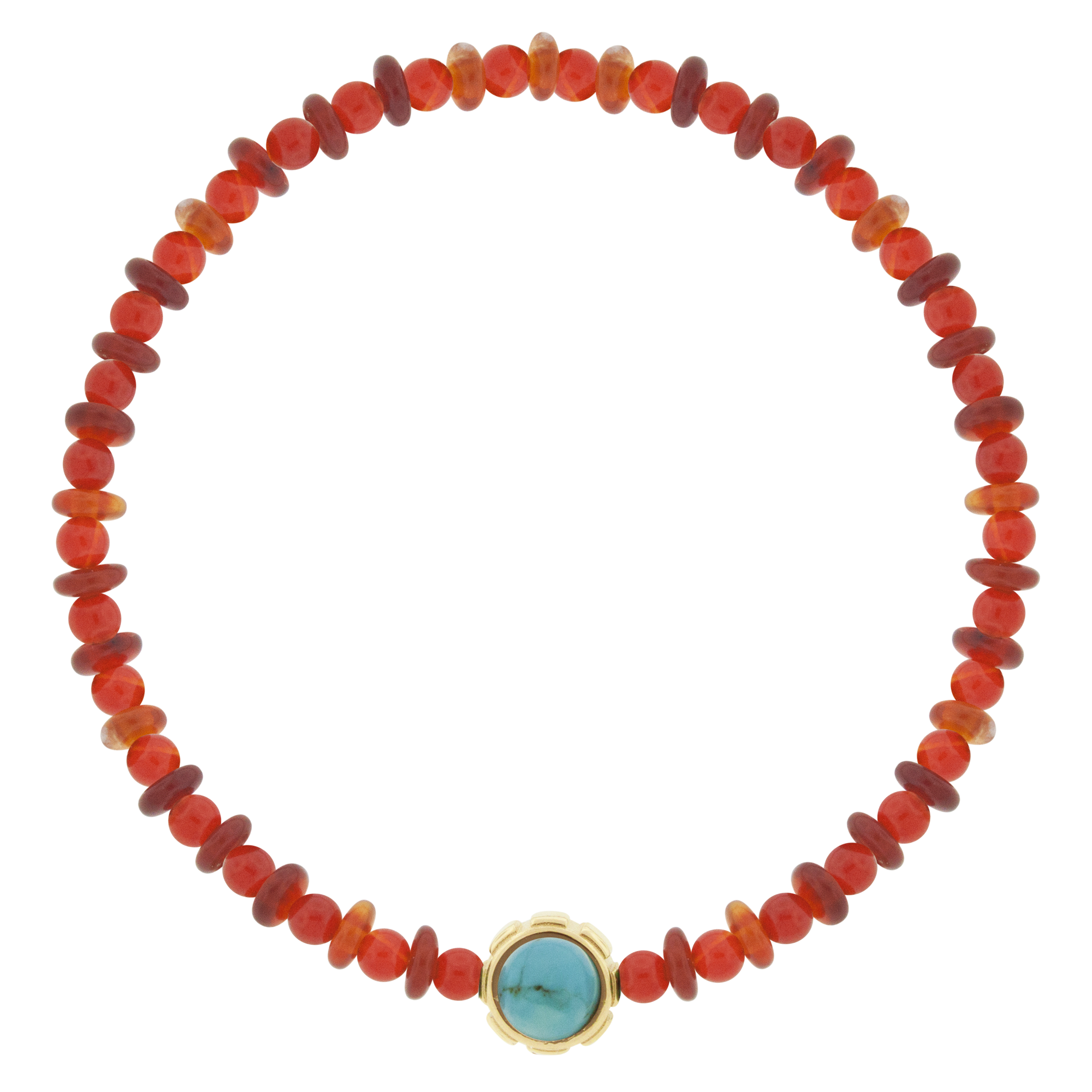 LUIS MORAIS 14k yellow gold rotary collar with a Turquoise and Tiger's Eye cabochon, on a gemstone beaded bracelet.