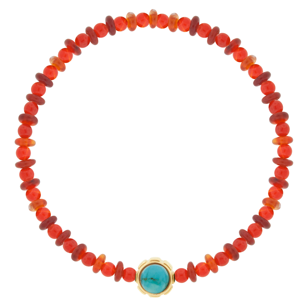 LUIS MORAIS 14k yellow gold rotary collar with a Turquoise and Tiger's Eye cabochon, on a gemstone beaded bracelet. 