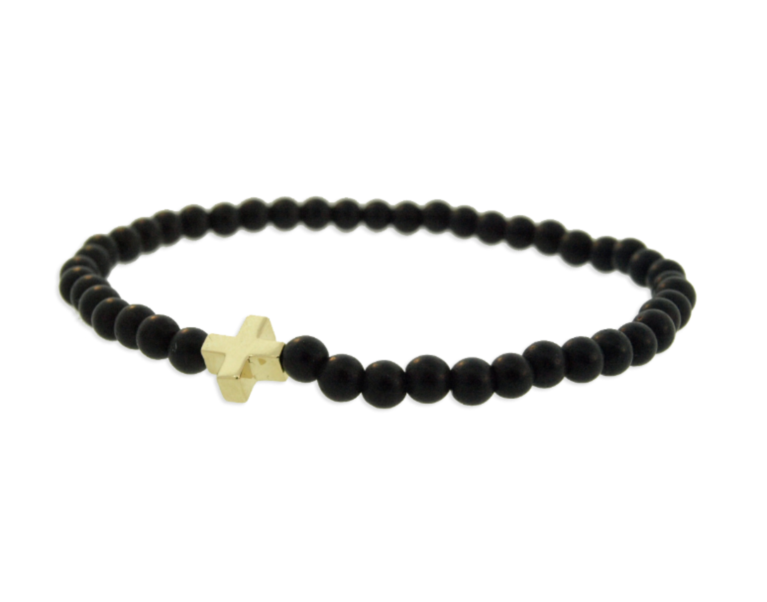 LUIS MORAIS 14K yellow gold Greek Cross on an Onyx beaded bracelet.