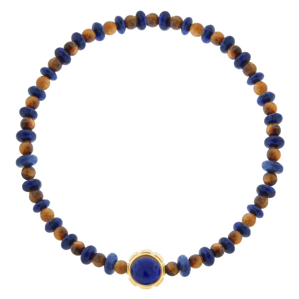 LUIS MORAIS 14k yellow gold rotary collar with a Lapis and Tiger's Eye cabochon, on a Tiger's Eye and Lapis beaded bracelet.   *If you require a size that is not available in the options provided, please indicate your preferred size in the designated text box during checkout.
