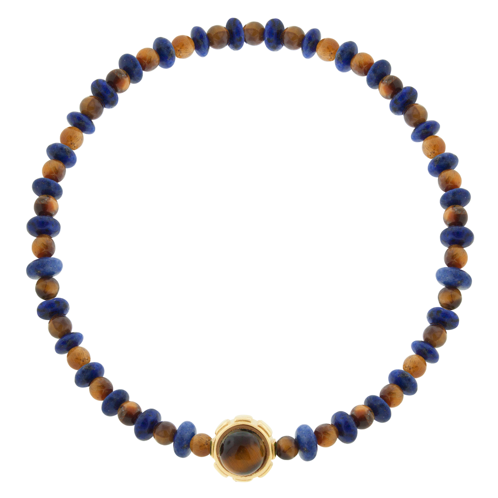 LUIS MORAIS 14k yellow gold rotary collar with a Lapis and Tiger's Eye cabochon, on a Tiger's Eye and Lapis beaded bracelet.   *If you require a size that is not available in the options provided, please indicate your preferred size in the designated text box during checkout.