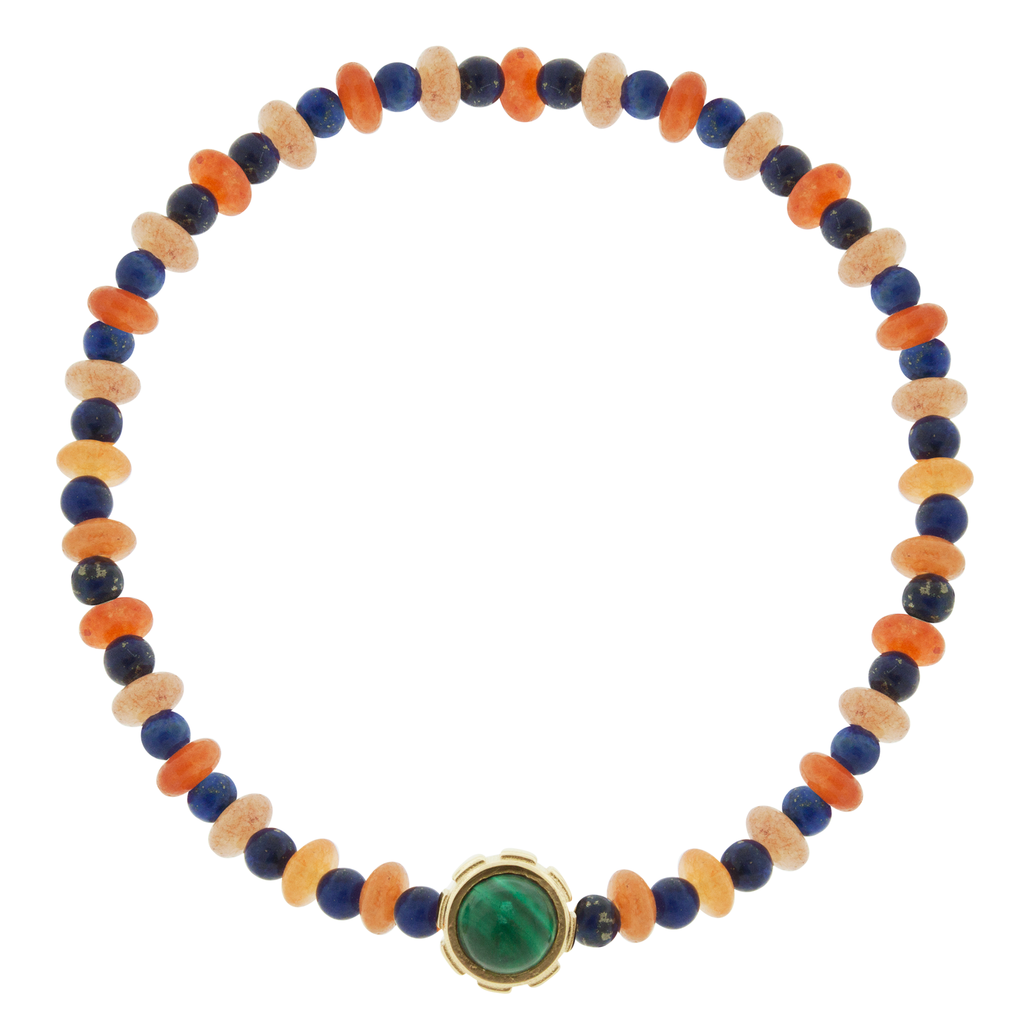 LUIS MORAIS 14k yellow gold rotary collar with a Malachite and Lapis cabochon, on a Carnelian and Lapis beaded bracelet.   *If you require a size that is not available in the options provided, please indicate your preferred size in the designated text box during checkout.