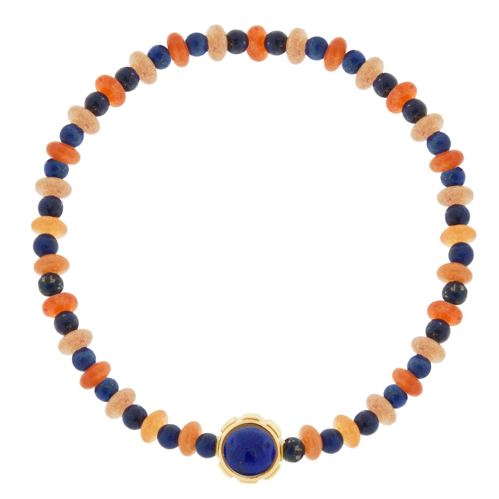 LUIS MORAIS 14k yellow gold rotary collar with a Malachite and Lapis cabochon, on a Carnelian and Lapis beaded bracelet.   *If you require a size that is not available in the options provided, please indicate your preferred size in the designated text box during checkout.