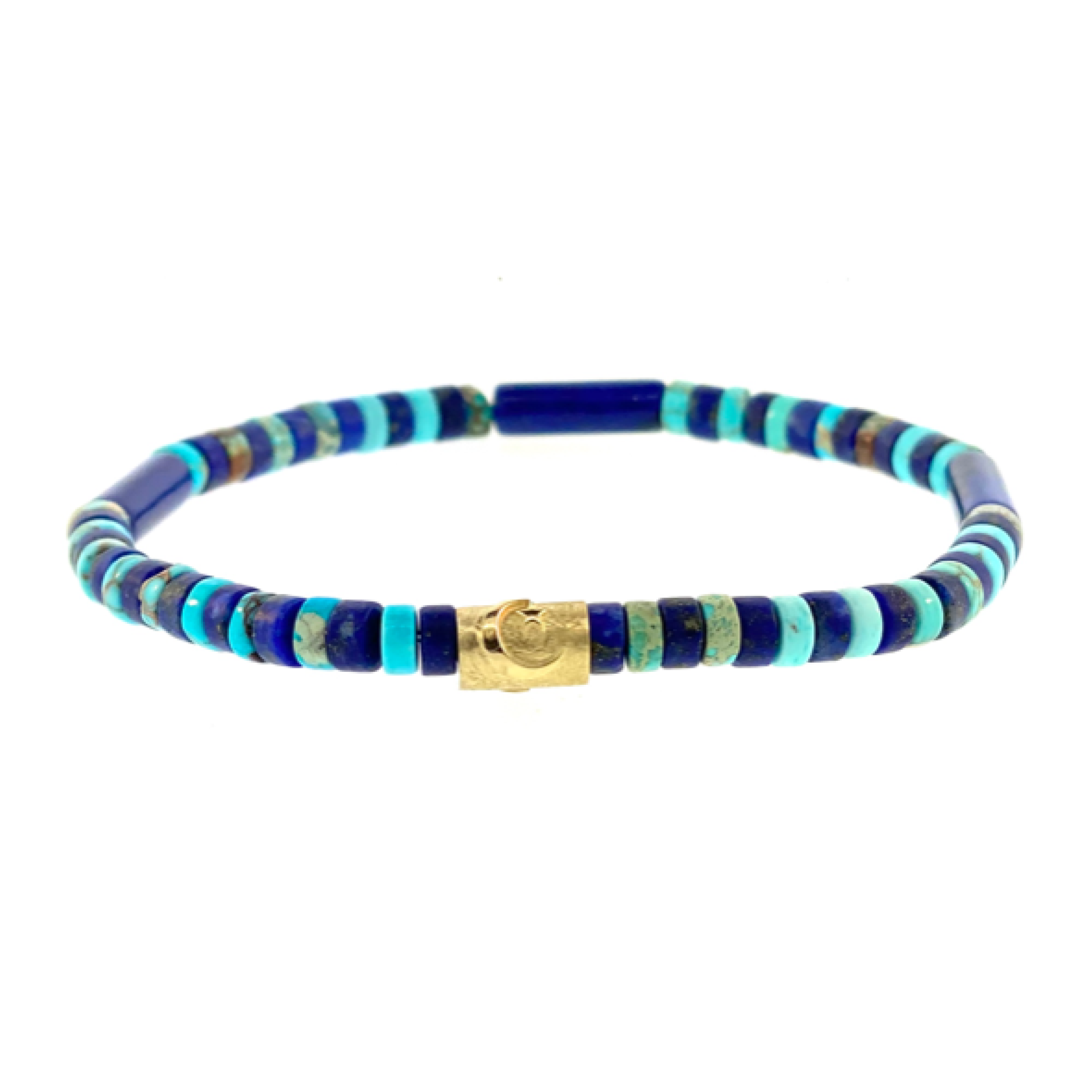 14k Yellow Gold Matte Tube with Moonstar Symbol Relief on a Turquoise and Lapis Beaded Bracelet